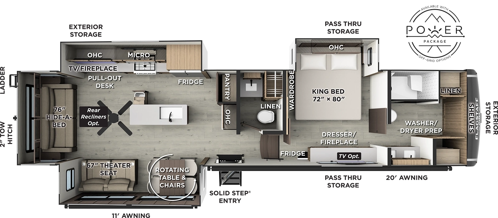The Flagstaff Classic Fifth Wheels 401CFB floorplan has one entry and three slide outs. Exterior features include: fiberglass exterior and 11' & 20' awning. Interiors features include: kitchen island, rear living and bathroom and a half.